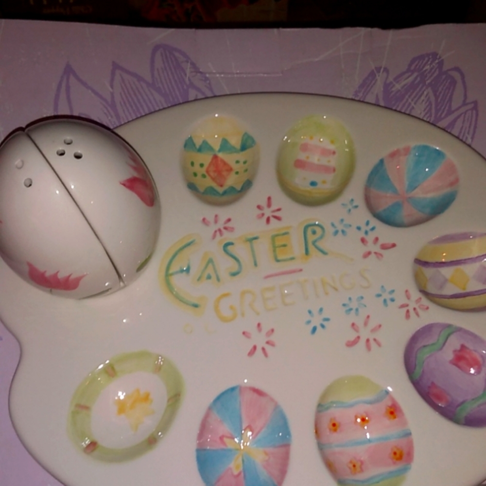 Vintage Ceramic Easter Egg Plate with Salt & Pepper Shakers